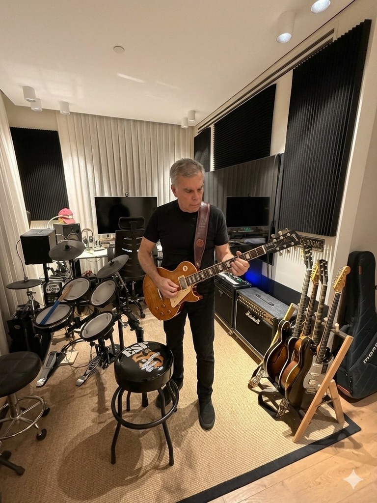 Moshe playing his Les Paul in his home studio